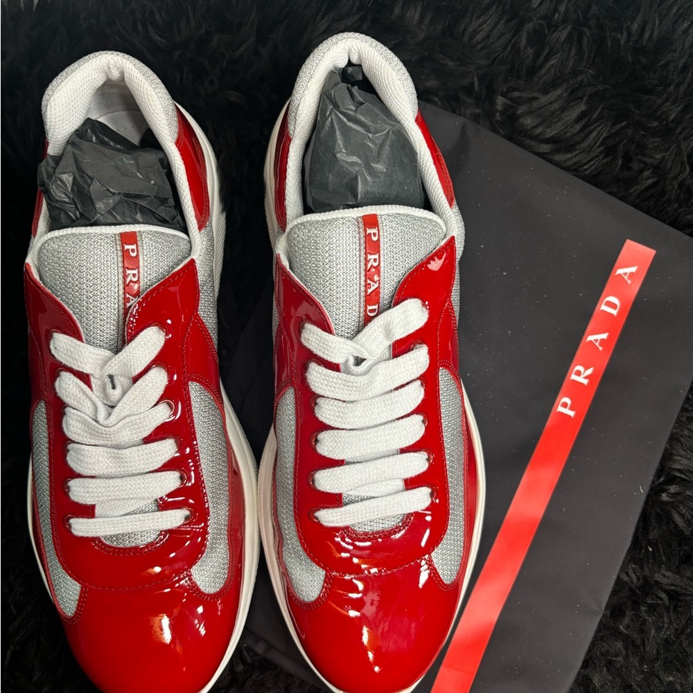 Prada Red and Gray Sneakers with Glossy Finish